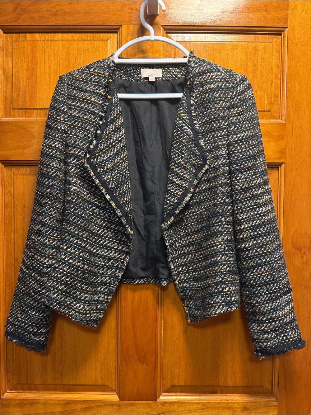 LOFT Black Multi Tweed Open-Front Cropped Jacket